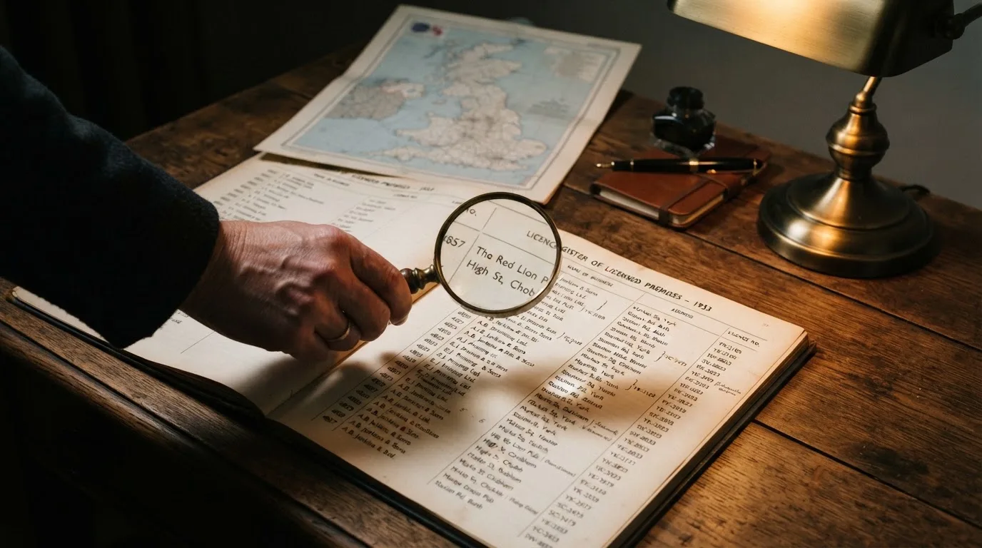 A magnifying glass held over a printed gambling licence certificate on a desk, with a UK map faintly visible in the background