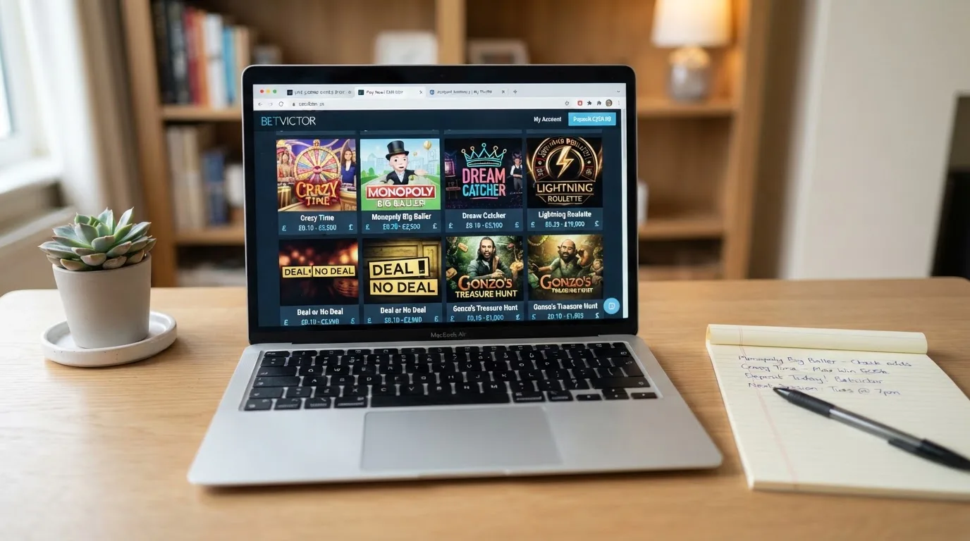 A laptop on a home desk showing a UK online casino comparison page open beside a notepad, with a laptop showing a live casino game show lobby page visible in a browser tab list