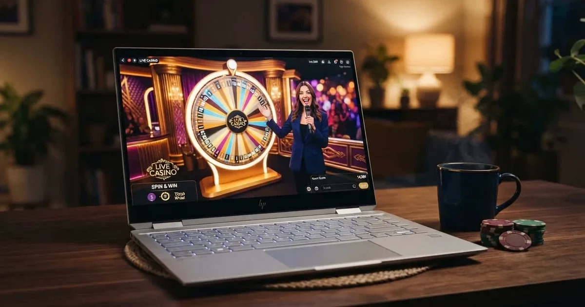 A wheel-based live casino game show studio streamed to a laptop