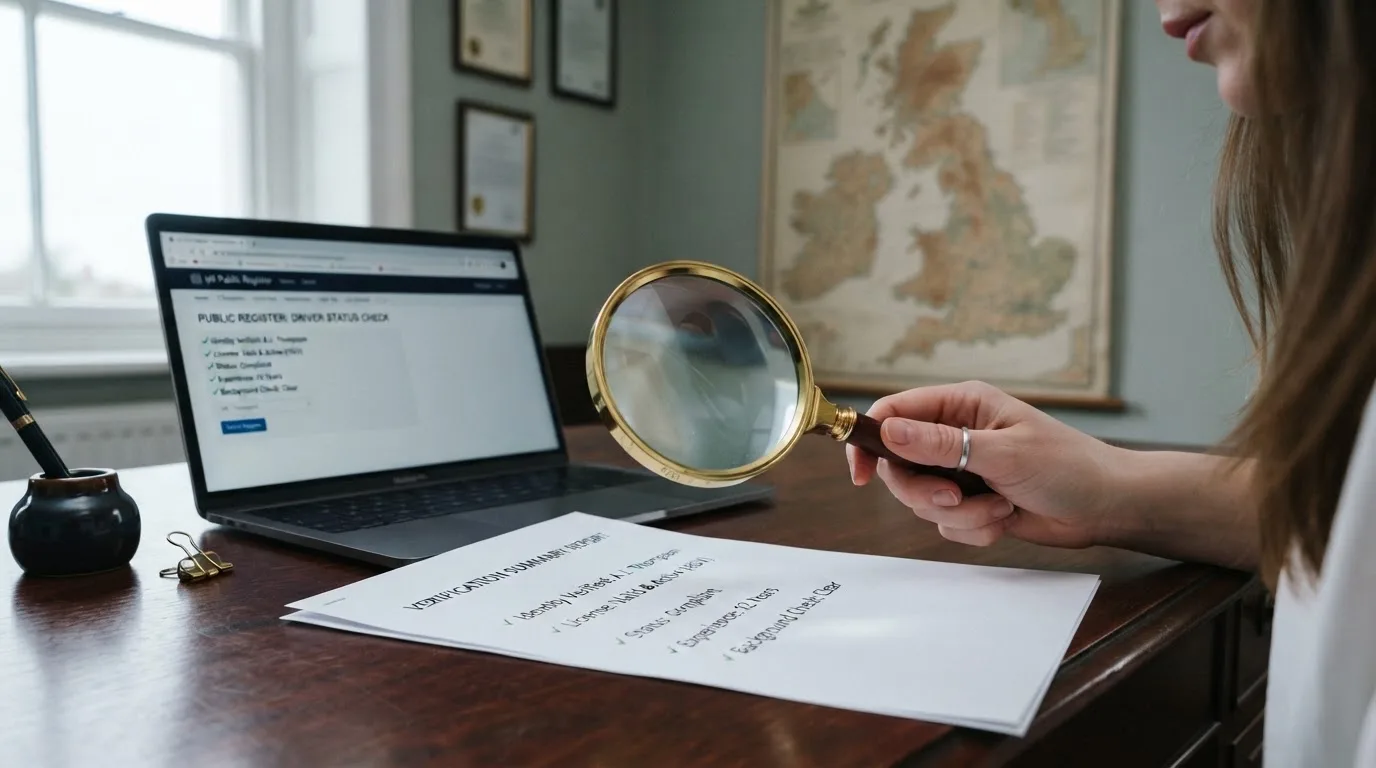A magnifying glass held over a printed gambling licence certificate on a desk, with a UK map faintly visible in the background