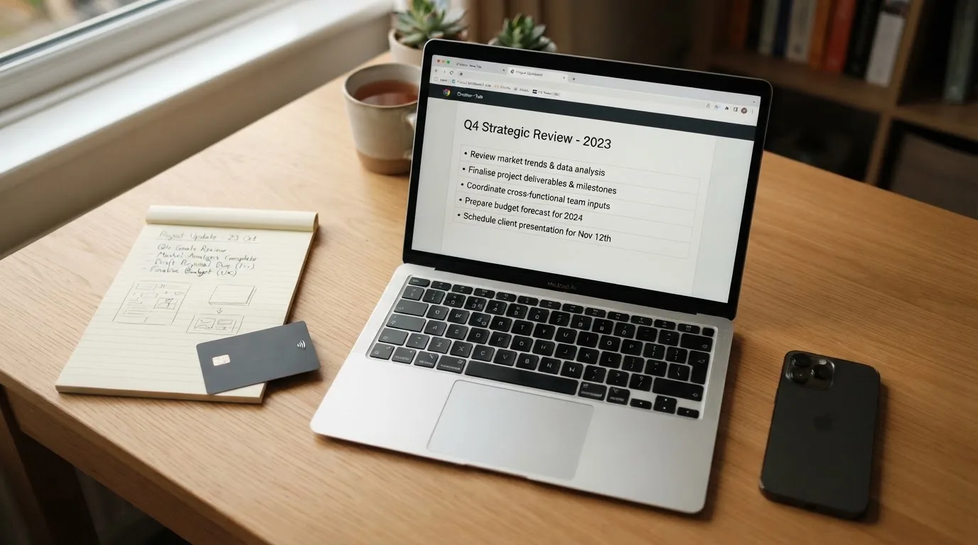 A laptop on a home desk showing a UK online casino comparison page open beside a notepad, with a desk with a debit card, a phone and a laptop showing a deposit form visible in a browser tab list