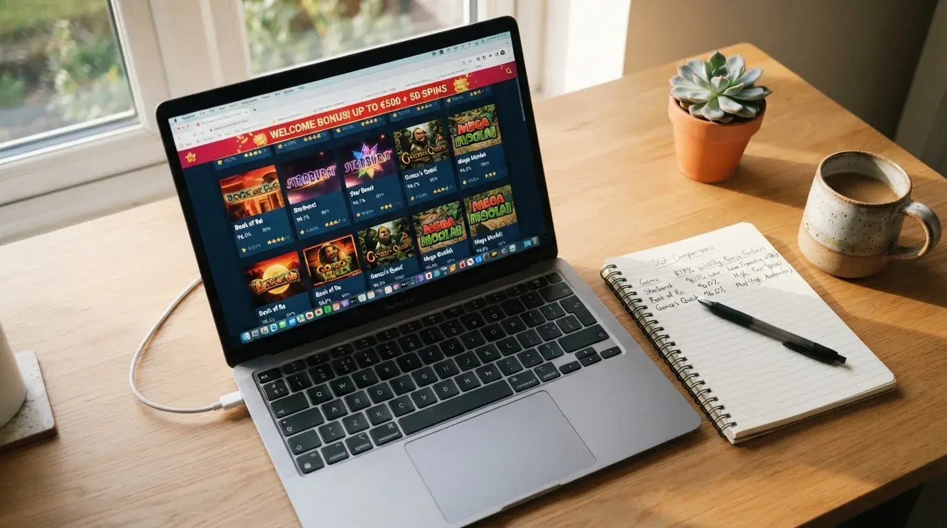 A laptop on a home desk showing a UK online casino comparison page open beside a notepad, with a laptop showing a casino homepage's welcome offer section visible in a browser tab list