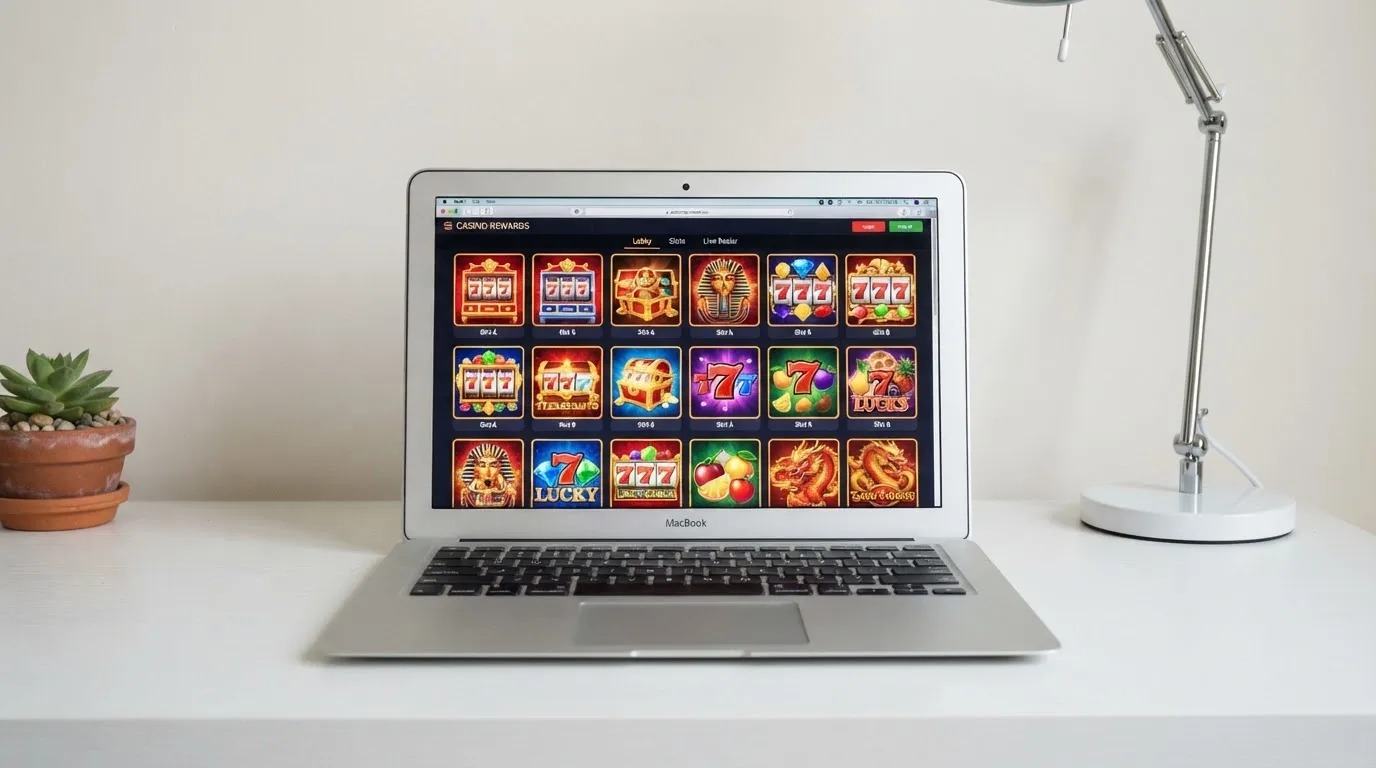 A laptop on a desk displaying a grid of slot game thumbnails in a casino lobby.