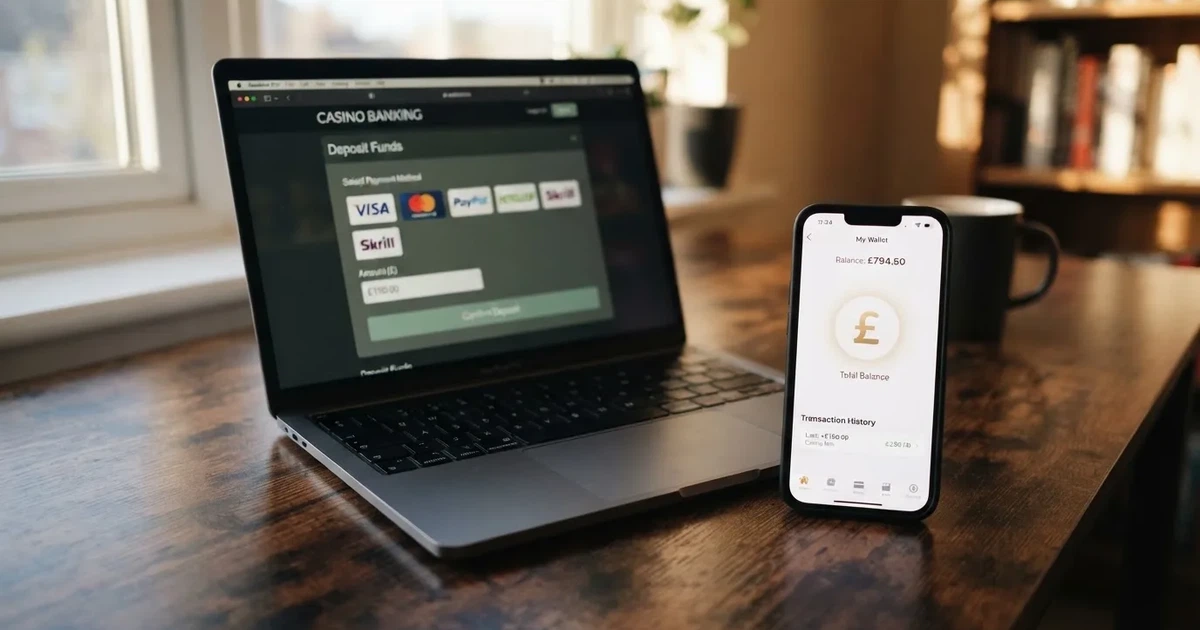 A smartphone displaying a cryptocurrency wallet balance beside a laptop showing a casino site's banking page.