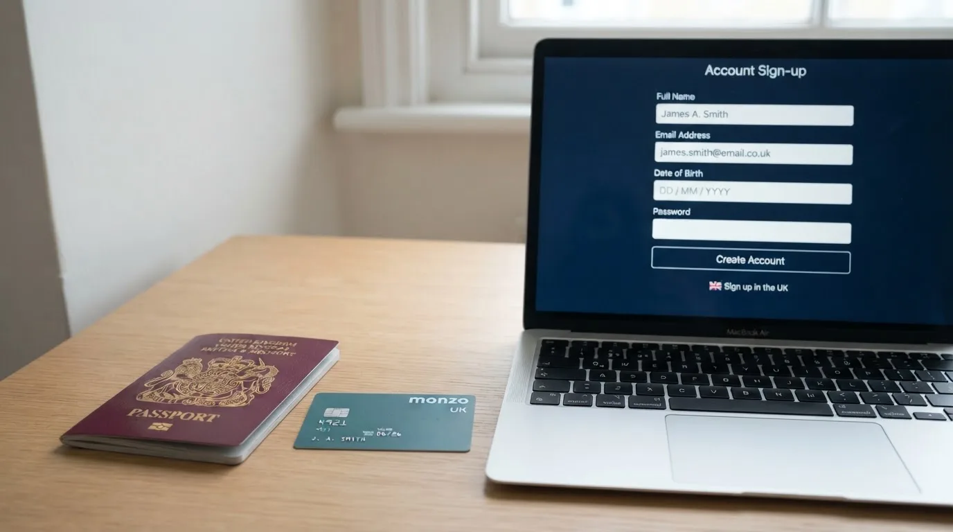 A UK passport and a bank card resting beside a laptop showing an account sign-up screen.