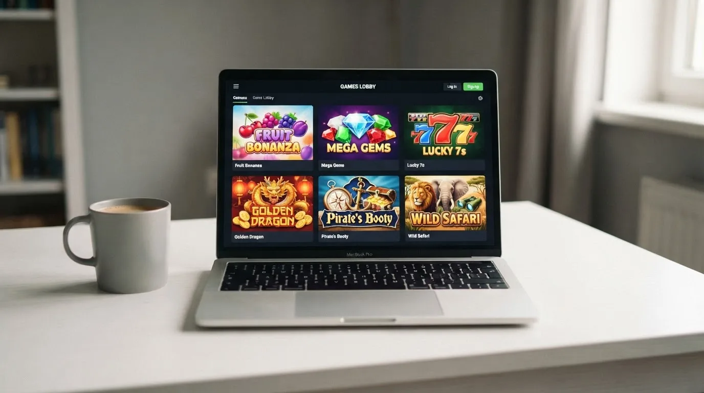 A laptop on a desk displaying a grid of slot game thumbnails in a casino lobby.