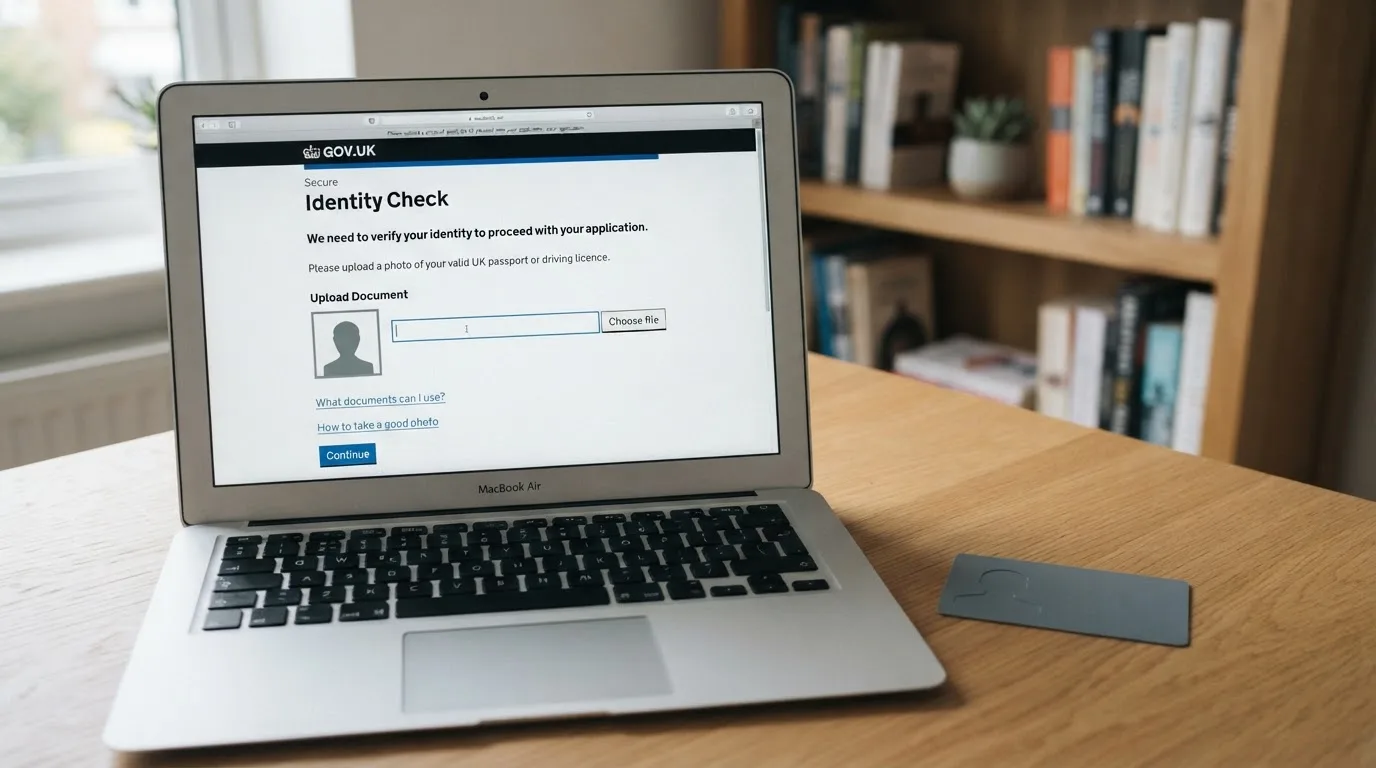 A UK passport and a bank card resting beside a laptop showing an account sign-up screen.