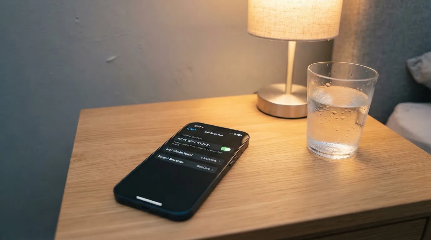 A phone displaying a self-exclusion settings screen next to a glass of water on a bedside table.