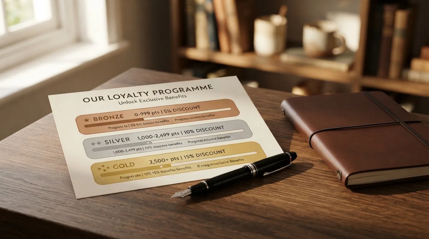 A desk with a printed loyalty-tier chart, a fountain pen, and a closed leather notebook.