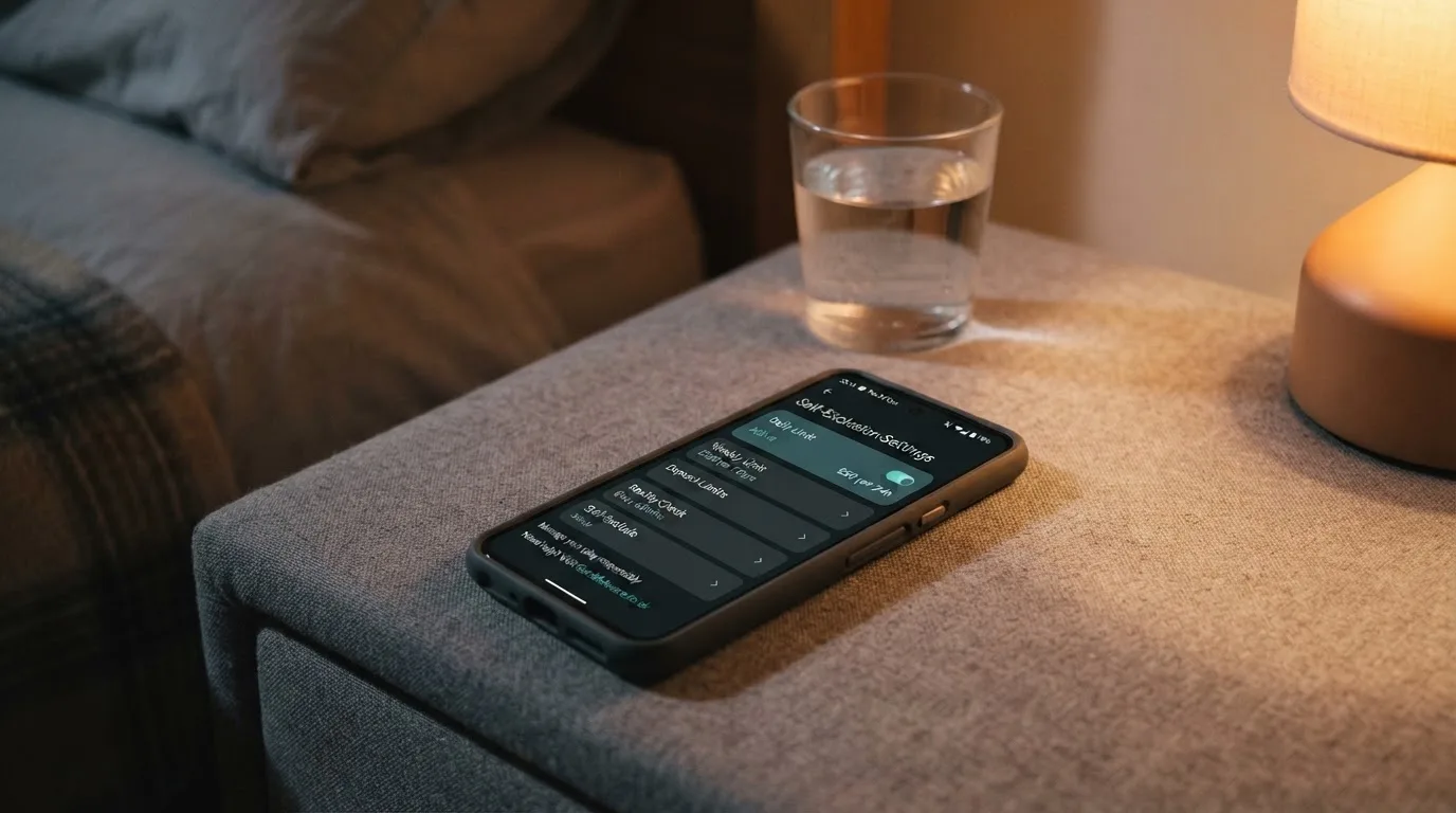 A phone displaying a self-exclusion settings screen next to a glass of water on a bedside table.