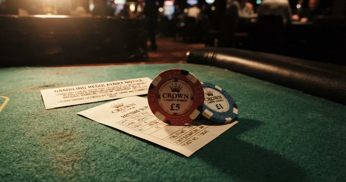 A pair of casino chips and a betting slip arranged beside a printed licence certificate on a desk.