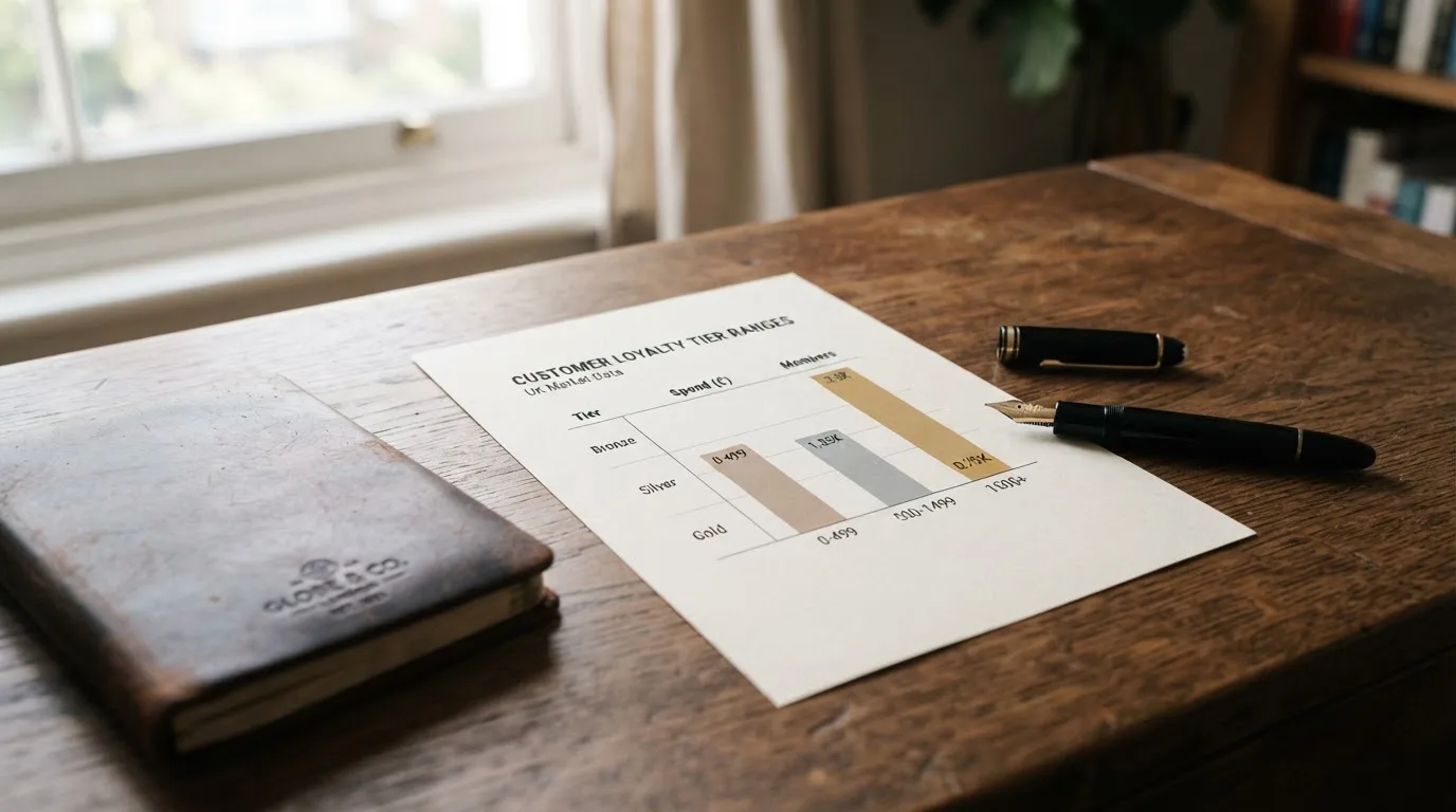A desk with a printed loyalty-tier chart, a fountain pen, and a closed leather notebook.